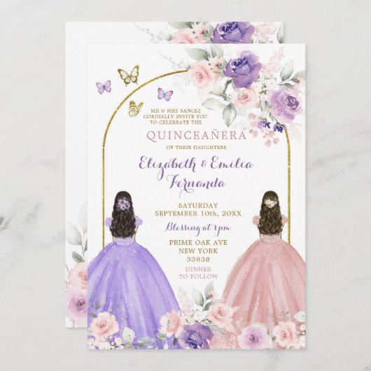 Tweeling Lila en Blush Roze Quinceañera Prinsessen Kaart (Voorkant / Achterkant)
