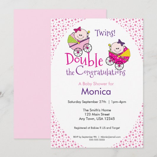 Tweeling Meisje Baby Shower Uitnodiging (Voorkant / Achterkant)