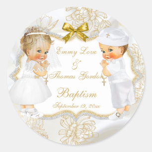 Tweeling Meisje Jongen Communie Doop Gouden Kruis Ronde Sticker