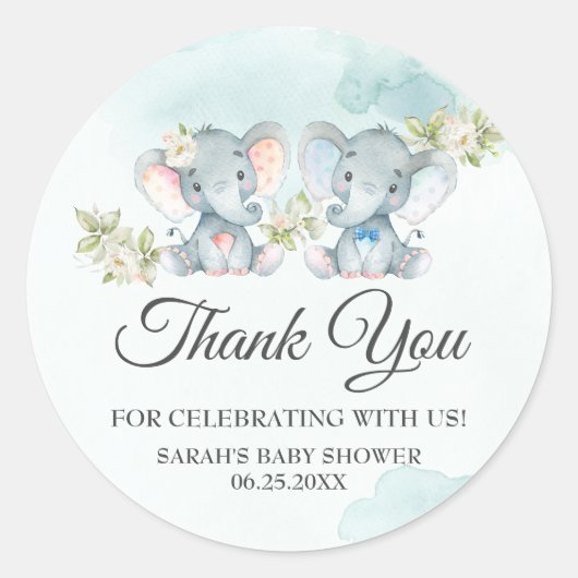 Tweeling Meisje Jongen Olifant Baby shower Verjaar Ronde Sticker (Voorkant)