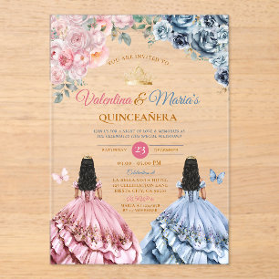 Tweeling meisje jurk Quinceañera 15 jaar bloemen g Acryl Uitnodigingen