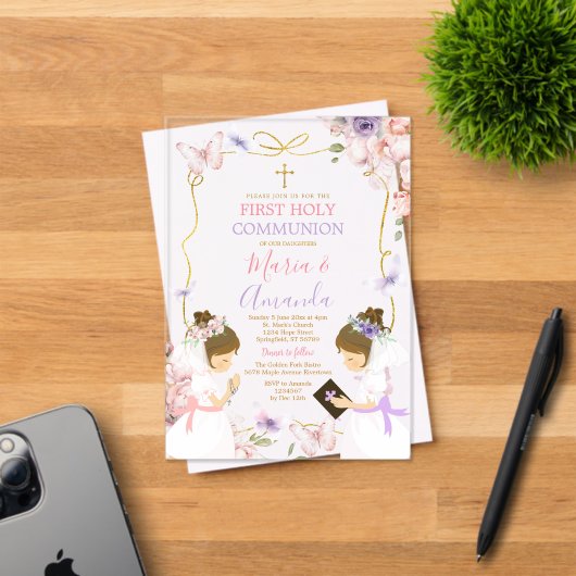 Tweeling Meisje Roze Paarse Vlinder 1e Heilige Com Acryl Uitnodigingen (Insitu (Uitnodiging))