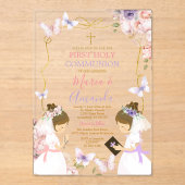 Tweeling Meisje Roze Paarse Vlinder 1e Heilige Com Acryl Uitnodigingen (Voorkant)