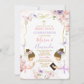 Tweeling Meisje Roze Paarse Vlinder 1e Heilige Com Kaart (Voorkant)