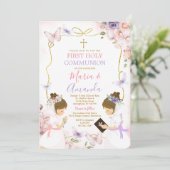 Tweeling Meisje Roze Paarse Vlinder 1e Heilige Com Kaart (Staand voorkant)