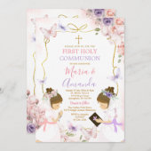 Tweeling Meisje Roze Paarse Vlinder 1e Heilige Com Kaart (Voorkant / Achterkant)