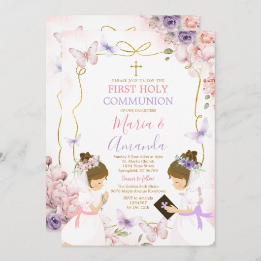 Tweeling Meisje Roze Paarse Vlinder 1e Heilige Com Kaart (Voorkant / Achterkant)