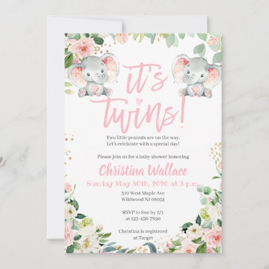 Tweeling Meisjes Baby Douche Uitnodigingen met Oli (Voorkant)