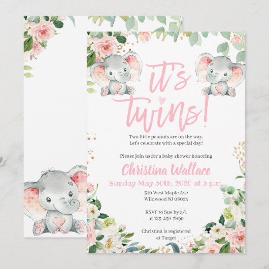 Tweeling Meisjes Baby Douche Uitnodigingen met Oli (Voorkant / Achterkant)