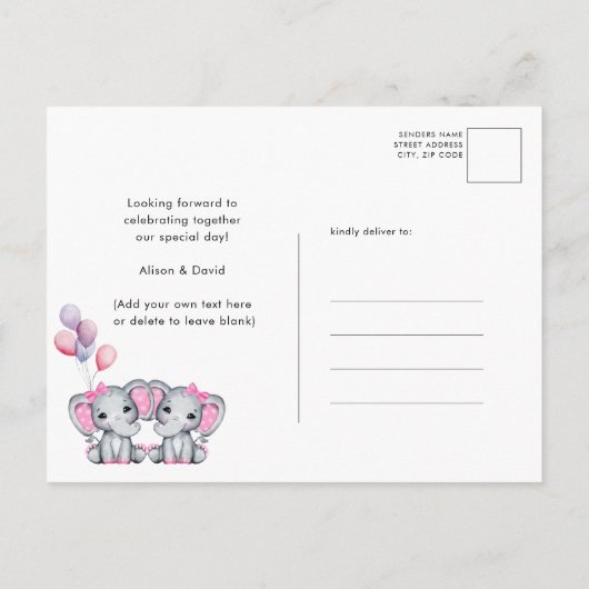 Tweeling Meisjes Baby Olifant Roze Ballon Baby sho Uitnodiging Briefkaart (Achterkant)