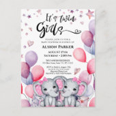 Tweeling Meisjes Baby Olifant Roze Ballon Baby sho Uitnodiging Briefkaart (Voorkant)