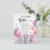 Tweeling Meisjes Baby Olifant Roze Ballon Baby sho Uitnodiging Briefkaart (Staand voorkant)