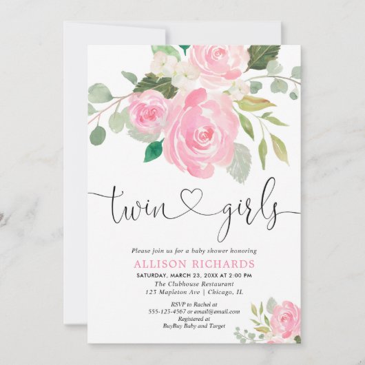 Tweeling meisjes baby shower blush roze groen bloe kaart (Voorkant)