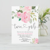 Tweeling meisjes baby shower blush roze groen bloe kaart (Staand voorkant)