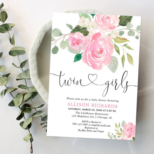 Tweeling meisjes baby shower blush roze groen bloe kaart