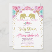 Tweeling meisjes baby shower olifanten roze goud kaart (Voorkant)
