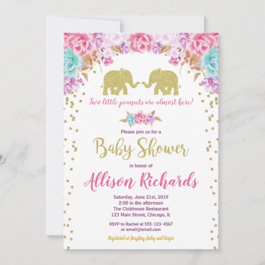 Tweeling meisjes baby shower olifanten roze goud kaart (Voorkant)