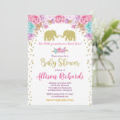 Tweeling meisjes baby shower olifanten roze goud kaart (Staand voorkant)