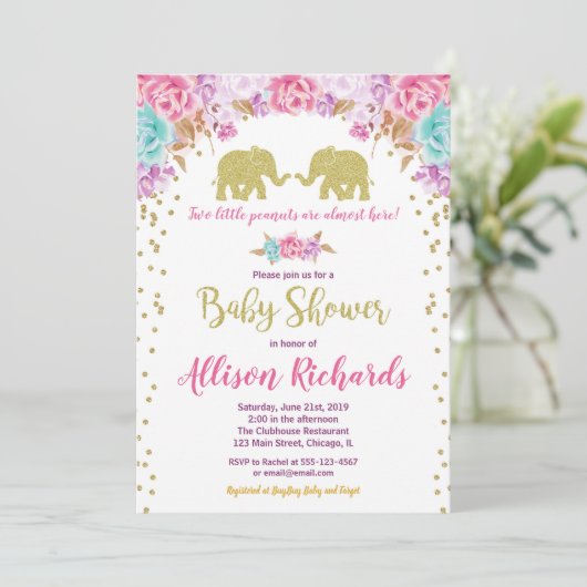 Tweeling meisjes baby shower olifanten roze goud kaart (Staand voorkant)