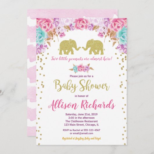 Tweeling meisjes baby shower olifanten roze goud kaart (Voorkant / Achterkant)
