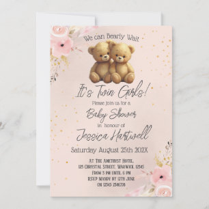 Tweeling Meisjes Baby Shower Uitnodiging met Teddy