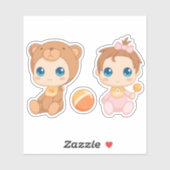 Tweeling Meisjes Beer Overall Sticker (Vel)