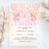 Tweeling Meisjes Beer Roze Ballons Baby shower Acryl Uitnodigingen