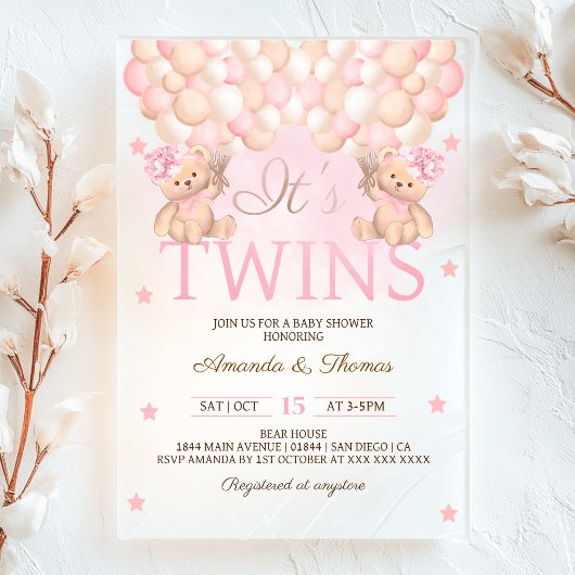 Tweeling Meisjes Beer Roze Ballons Baby shower Acryl Uitnodigingen