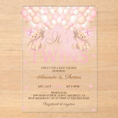 Tweeling Meisjes Beer Roze Ballons Baby shower Acryl Uitnodigingen (Voorkant)