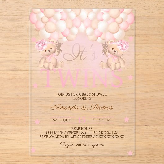 Tweeling Meisjes Beer Roze Ballons Baby shower Acryl Uitnodigingen (Voorkant)