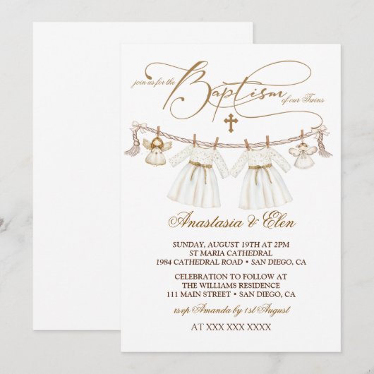 Tweeling meisjes  Boho doop Kaart (Voorkant / Achterkant)