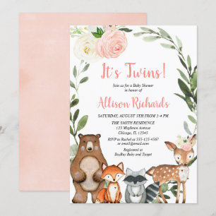 Tweeling meisjes bosdieren groen baby shower kaart
