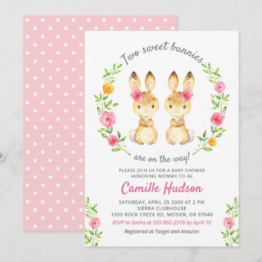 Tweeling Meisjes Bunny Floral Roze Baby shower Spr Kaart (Voorkant / Achterkant)