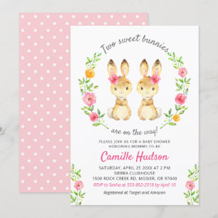 Tweeling Meisjes Bunny Floral Roze Baby shower Spr Kaart