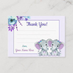 Tweeling Meisjes Dank u Kaart Olifant Paarse Blauw Visitekaartje