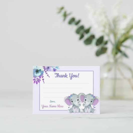 Tweeling Meisjes Dank u Kaart Olifant Paarse Blauw Visitekaartje (Staand voorkant)
