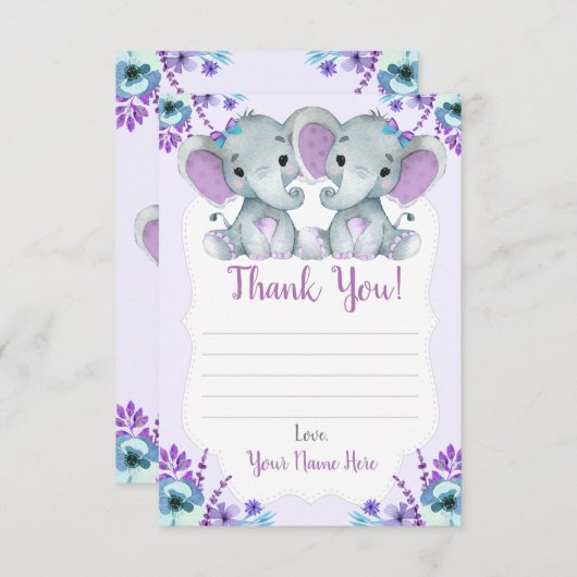 Tweeling Meisjes Dank u Kaarten met Olifanten Bloe (Voorkant / Achterkant)
