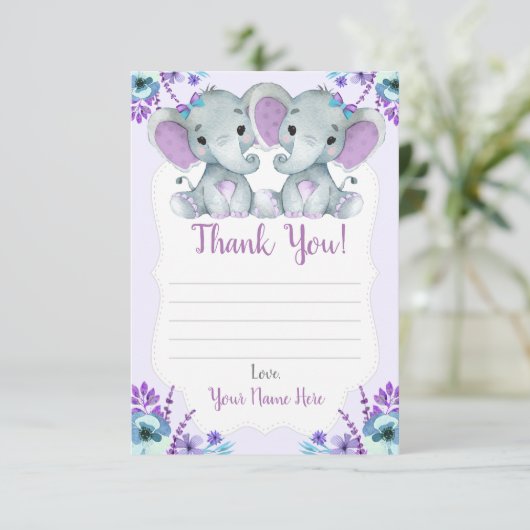 Tweeling Meisjes Dank u Kaarten met Olifanten Bloe (Staand voorkant)