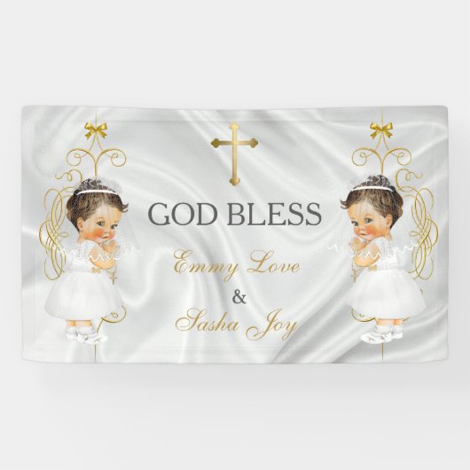 Tweeling Meisjes Doop Christening Goud Spandoek (Horizontaal)
