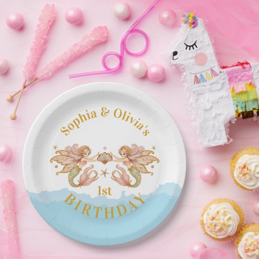 Tweeling Meisjes Fairy Zeemeermin Verjaardag Papieren Bordje (Feest)