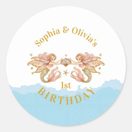 Tweeling Meisjes Fairy Zeemeermin Verjaardag Ronde Sticker (Voorkant)