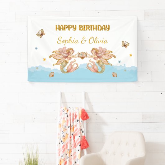 Tweeling Meisjes Fairy Zeemeermin Verjaardag Spandoek (Insitu)