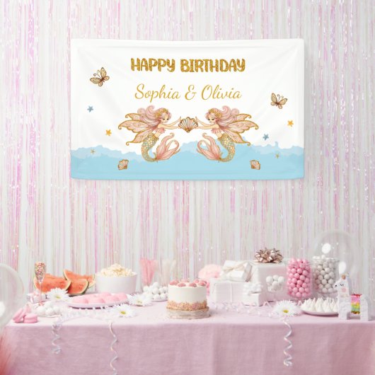Tweeling Meisjes Fairy Zeemeermin Verjaardag Spandoek (Feest)