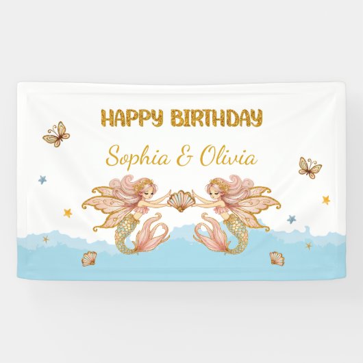 Tweeling Meisjes Fairy Zeemeermin Verjaardag Spandoek (Horizontaal)