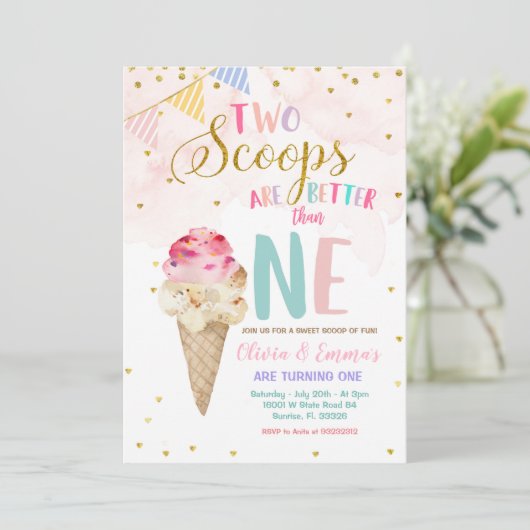 Tweeling Meisjes Kegel Ijs Verjaardagsuitnodiging Kaart (Staand voorkant)