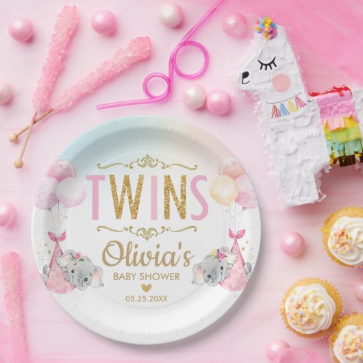 Tweeling Meisjes Olifant Baby shower Sprinkle Whim Papieren Bordje (Feest)