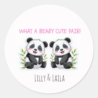 Tweeling Meisjes, Panda Beer, Aangepaste Tweeling  Ronde Sticker