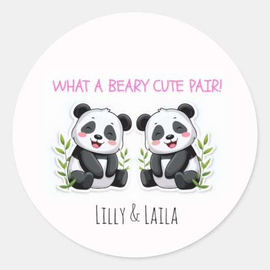 Tweeling Meisjes, Panda Beer, Aangepaste Tweeling Ronde Sticker (Voorkant)