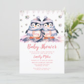 Tweeling Meisjes Roze Baby shower Pinguïn Invitati Kaart (Staand voorkant)