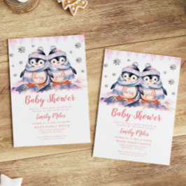 Tweeling Meisjes Roze Baby shower Pinguïn Invitati Kaart
